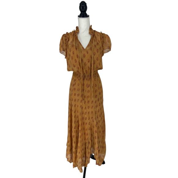 Polo Ralph Lauren Block Print Georgette Tie Neck Dress in Medallion Woodblock - Picture 3 of 14